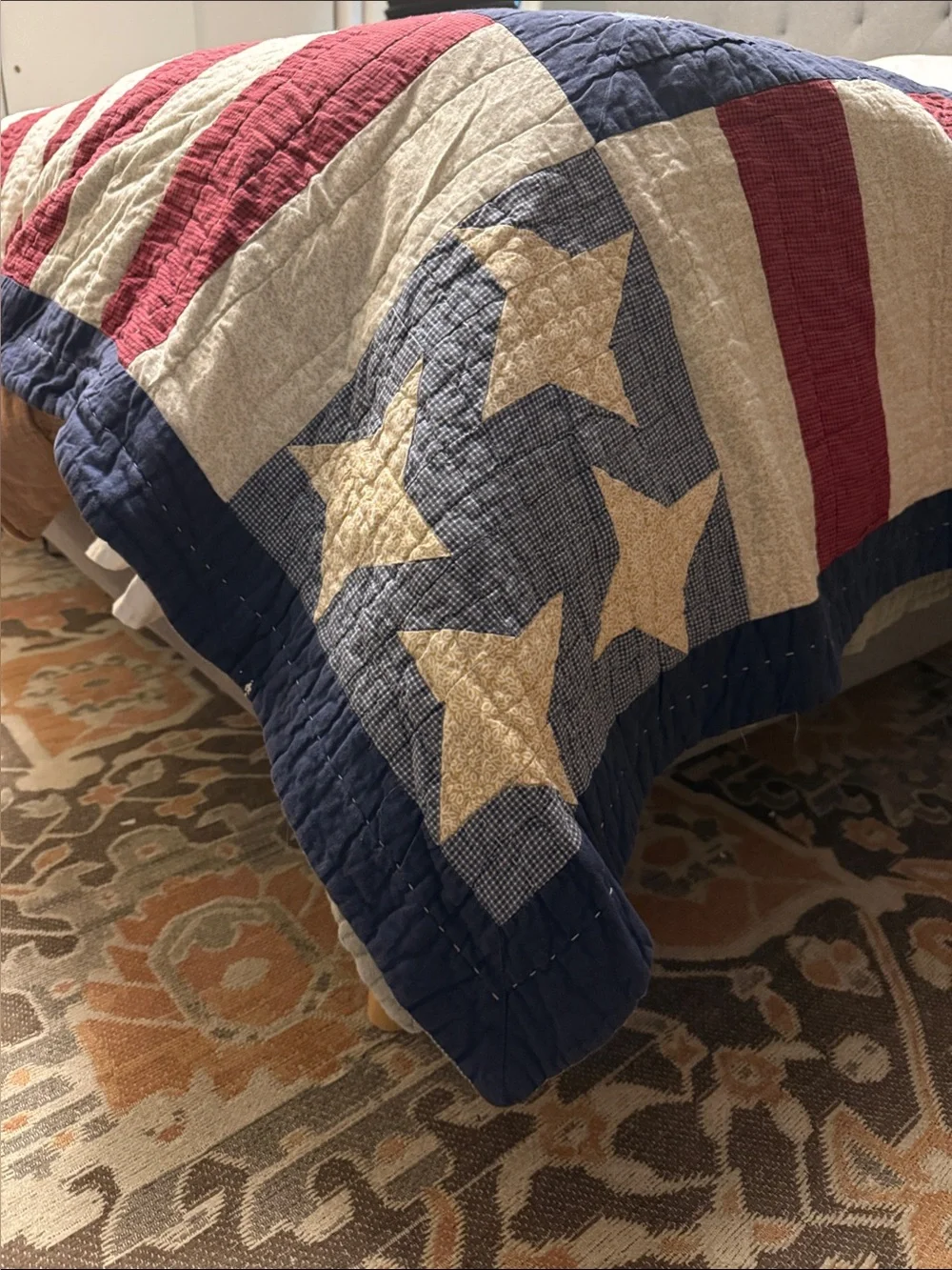 Patriotic Hand Stitched Teddy Bear Quilt in Blue & Red - Double Sided - King